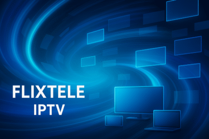 Bannière numérique IPTV Flixtele avec écrans tourbillonnants