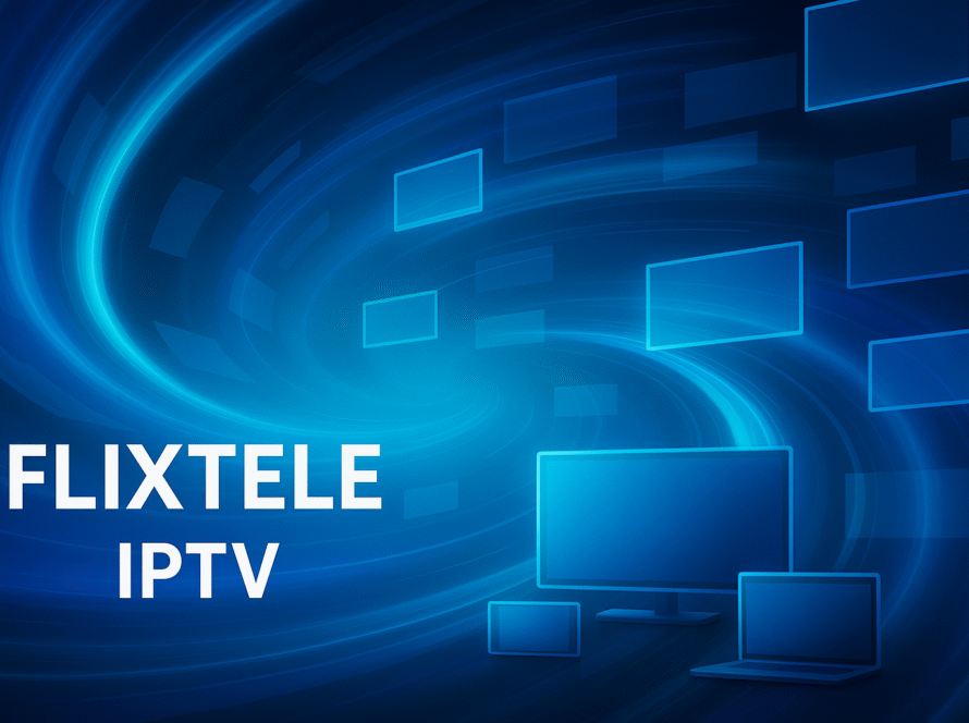 Bannière numérique IPTV Flixtele avec écrans tourbillonnants